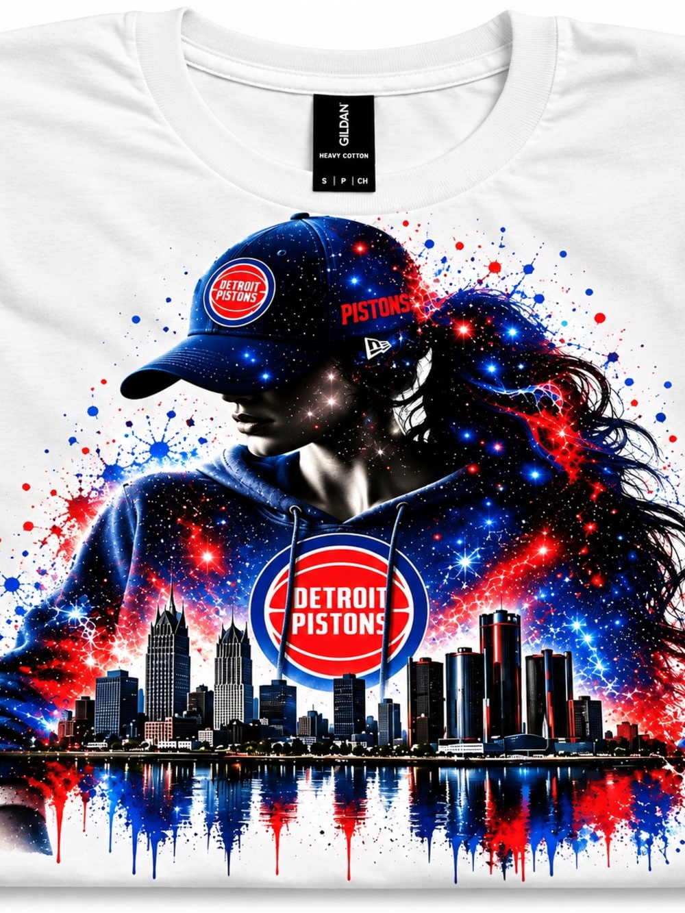 Gildan White Tee with Red & Blue Detroit Pistons Galaxy Graphic